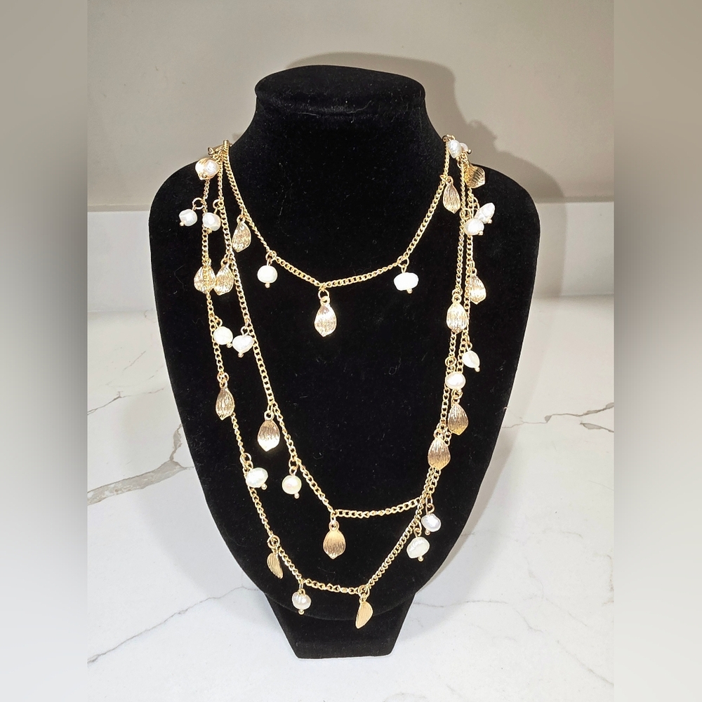 NEW 34" Long Mia Collection Gold Tone & Faux Pearl Fashion Necklace & Earrings